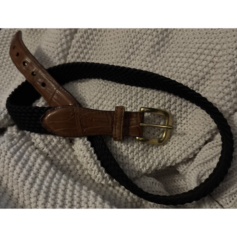 Vintage Brighton Mens Woven Stretch Belt Size 32 Black Croc Embossed Leather USA